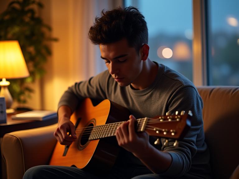Erwachsener beim Gitarrenunterricht am Abend